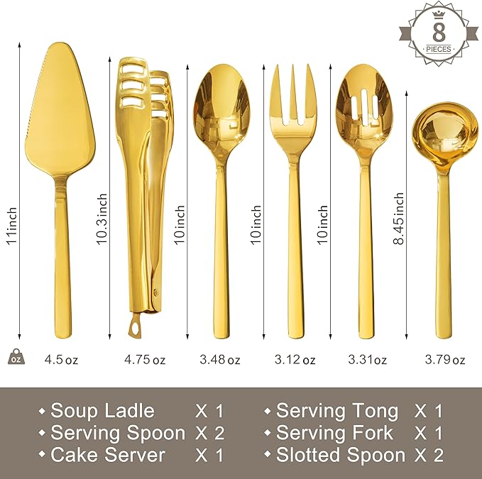 KINGSTONE Large Hostess Gold Serving Utensils Sets,18/10 Stainless Steel Heavy Duty 10inch Serving Spoons,Slotted Spoons,Serving Fork,Serving Tongs, Cake Pie Server For Buffet, Wedding, Party