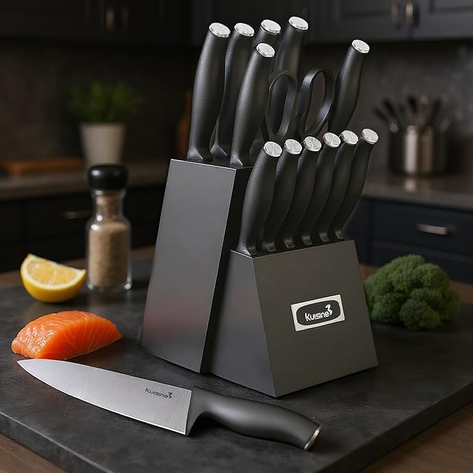 Kuisine Chef Knife Set,High Carbon Stainless Steel Ultra Sharp Blade Ergonomic Handle,Kitchen Knife Block Set with Built-in Sharpener,Elegant Gift for Holiday(Silver Black,15PCS)