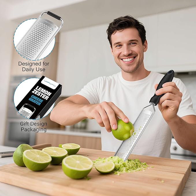 Lemon Zester & Cheese Grater – Sharp Stainless Steel Grater for Citrus, Parmesan, Garlic, Chocolate & Ginger, Non-Slip Grip, Safety Cover & Cleaning Brush