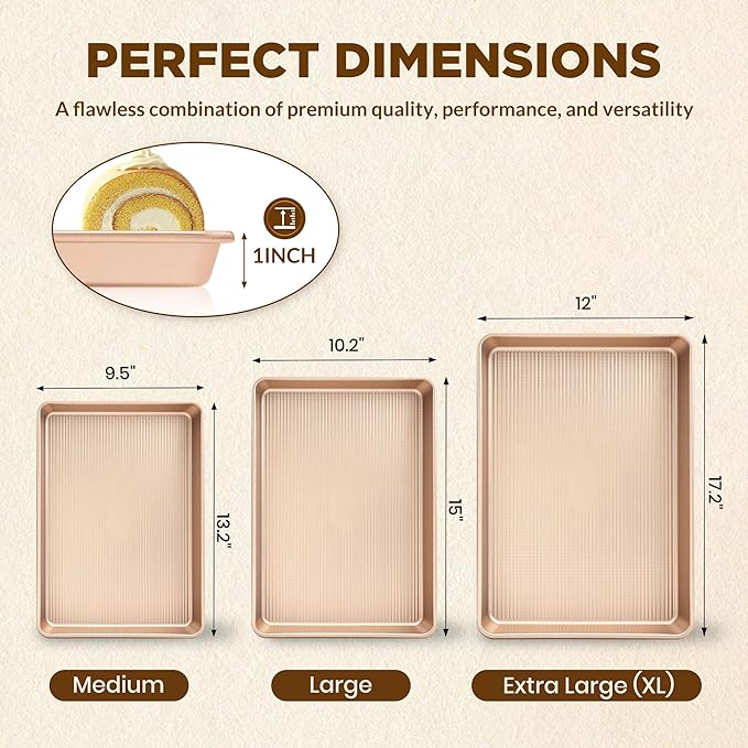 Saker nonstick baking sheet pan set,Multi-Use Non-Stick Baking Pan Set, Stackable Carbon Steel Cookie Sheets for Even Baking, Roasting & Meal Prep, Oven Safe & Easy Clean (Champagne Gold)