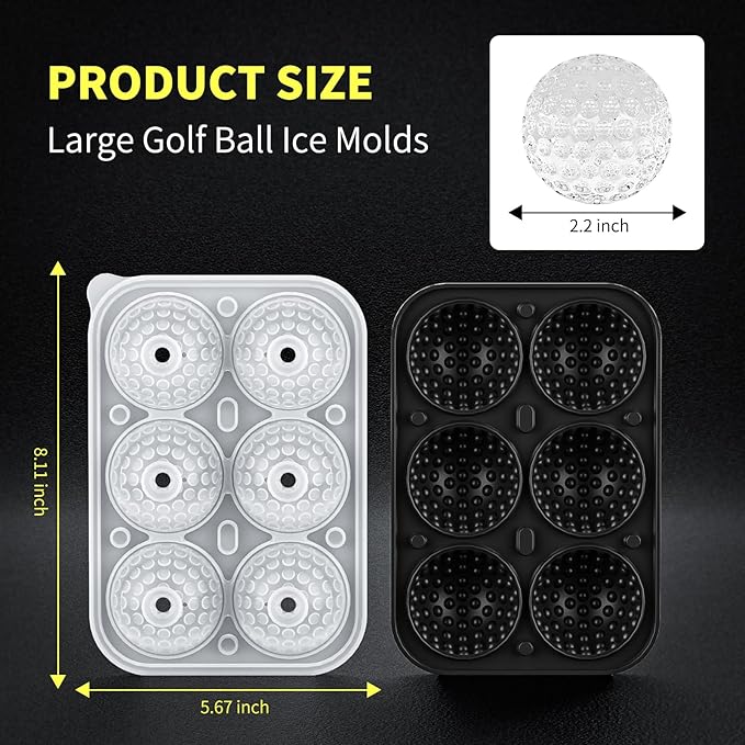 6 Chamber 2.2" 3D Golf Gifts Ice Cube Tray With Funnel,Large Round Ice Ball Maker Mold Silicone Fun Shapes Bourbon Sphere Ice Molds,For Chilling Whiskey,Cocktails,Bourbon,Brandy and Beverages