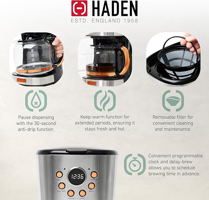 HADEN Heritage 1.7 Liter Stainless Steel Electric Kettle Bundled with 12 Cup Drip Coffee Maker, Coffee Machine with Auto Shut-Off, Steel & Copper