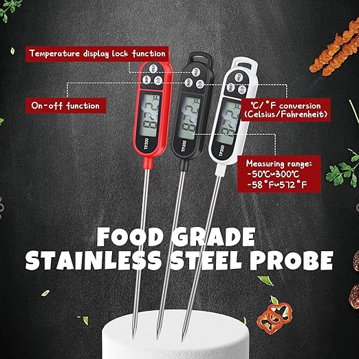 6 Pcs Instant Read Meat Thermometer with Long Probe 9.65 Inch Kitchen Cooking Food Candy Waterproof Digital Thermometer for BBQ Water Milk Yogurt Liquid (Round&Square Ring,Black,White,Red)