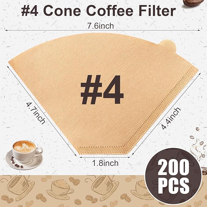 Coffee Filters #4, Unbleached Natural Coffee Filters 8-12 Cup, Disposable Coffee Filters, 4 Cone Paper Compatible with Ninja Coffee Maker, Pour Over and Drip Coffee Maker, 200 Count