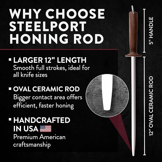 STEELPORT 12 inch Oval Ceramic Honing Rod | Professional Knife Sharpener Rod with Oregon Black Walnut Handle, Safety Guard | Premium Serrated Blade Sharpener For All Knife Types