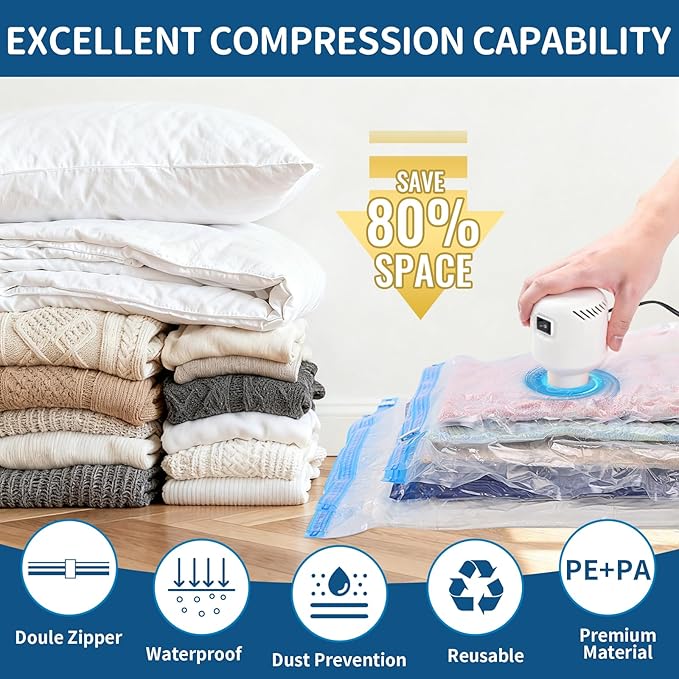Vacuum Storage Bags with Electric Pump,8 Pack Extra Large Space Saving Vacuum Seal Bags for Bedding,Blanket,Comforters,Duvets,Pillows(4 Large+4 Super Jumbo)