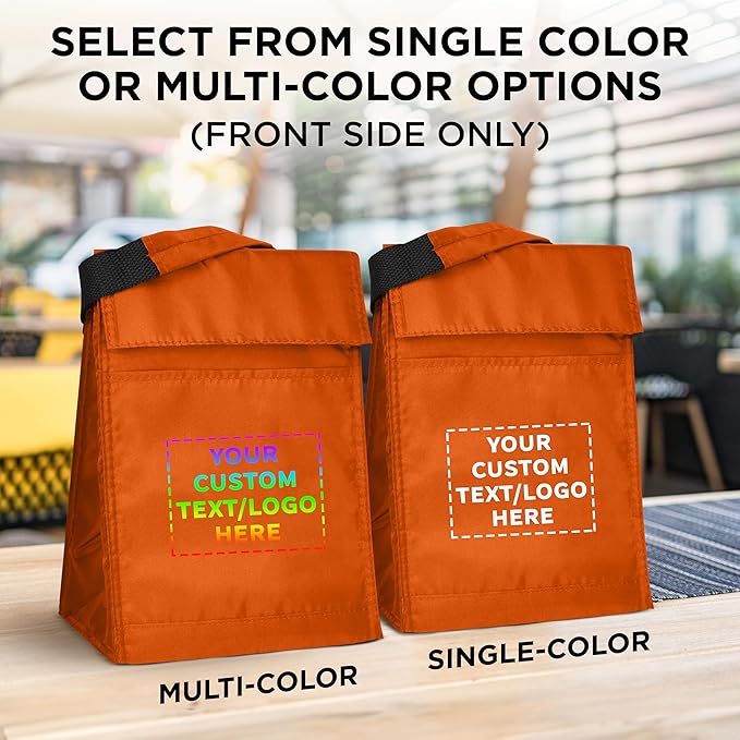 DISCOUNT PROMOS 10 Hook and Loop Insulated Lunch Bags Set - Customizable Text, Logo - Polyester, Durable, Vibrant, Reusable - Orange