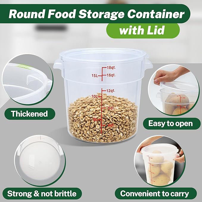Round Food Storage Container with Lid，18 Qt Translucent， Commercial 4 Pack of – NSF Listed, BPA-Free, Polypropylene, Non-Stick， Scale, with Labels & Measuring Cups