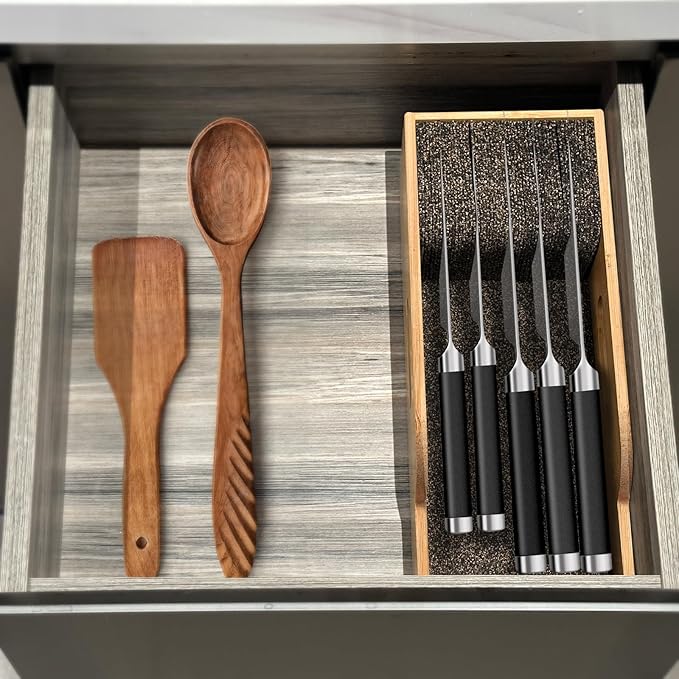Bamboo Knife Drawer Organizer Insert Dock, Kitchen Steak Knives Organizer Storage for Any Chef