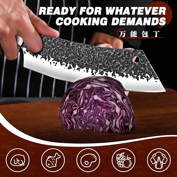 Huusk Butcher Knife Set, 8pcs Viking Chef Knife Set with Roll Bag, High Carbon Steel Forged Viking Knife, Meat Cleaver, Kitchen Knives Sets for Cooking Camping BBQ, Gift for Men Husband