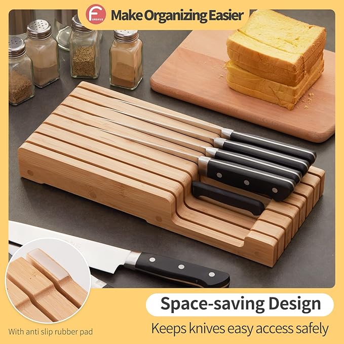 Bamboo Knife Block and In-Drawer Storage, Display Stand and Organizer, Holds Up To 7 Knives(Not Included)