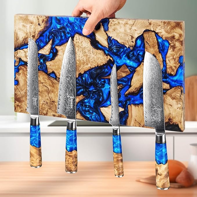 SENKEN "Dark Tsunami" Extra Large Magnetic Knife Block - Holds Up to 16 Knives - Knife Block without Knives, Beautiful Dark Blue Resin & Burl Wood Blend Knife Holder ("Dark Tsunami " Blue Resin Blend)