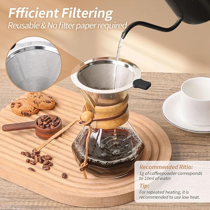 Pour Over Coffee Maker 14 OZ, 4 Cup Borosilicate Glass Drip Coffee Maker with Reusable Stainless Steel Filter and Cork Grip for Home Café 400 ML (Diamond Shape)