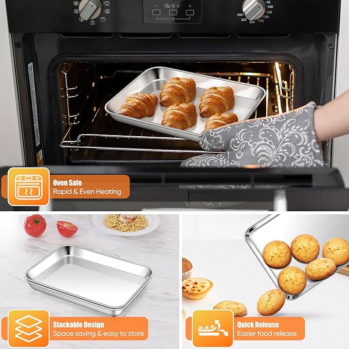 Homikit 2 Pack Baking Sheet, 9 x 7 Inches Stainless Steel Cookie Tray Set for Cooking Toasting, Mini Metal Cookie Toaster Oven Baking Pan Non Stick, Rustproof & Mirror Finish, Dishwasher Safe