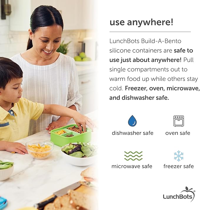LunchBots Build -a- Bento Lunch Box, Silicone Bento Box for Kids, Multi-Compartment Lunch Container, Oven & Dishwasher Safe, BPA Free, 32 oz - Tie Dye Green
