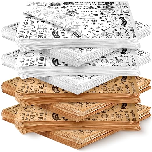 600 Pcs 12 x 12 Inch Deli Wax Paper Sheets Grease Resistant Tray Basket Liners Newsprint Paper Water and Grease Proof Sandwich Wrapping Square Hot Dog Wrappers for Food Baking (Brown,White)