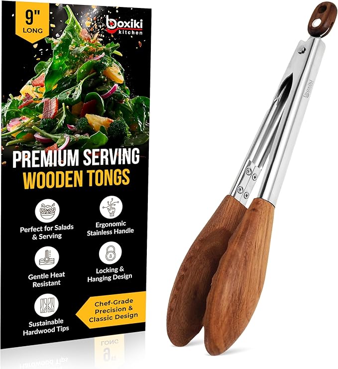 Boxiki Kitchen 9 Inch Tongs for Cooking with Wooden Tips - Nonstick Kitchen Tongs for Serving Food, Grilling, Cooking, BBQ and Tossing Salad - Made of Natural Walnut Wood