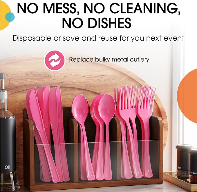 Party Solids Hot Pink Plastic Silverware Heavy Duty 150 Pieces Hot Pink Plastic Cutlery Sets, Utensil Sets, 50 Of Each Forks, Knives & Spoons Disposable Cutlery Set, Flatware Set For Party Supplies