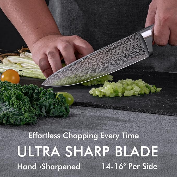 Knife Set, Astercook 21 Pieces Kitchen Knife Set with Built-in Sharpener, German Stainless Steel Knife Block Set, Razor-Sharp Knives with Full-tang Handle, Dishwasher Safe, Silver