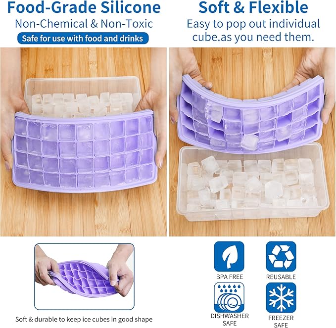 Silicone Ice Cube Tray with Leak-Proof Lid & Storage Bin for Freezer – BPA-Free 36-Piece Nugget Ice Molds, Spill-Resistant Cover & Ice Scoop Container Cover