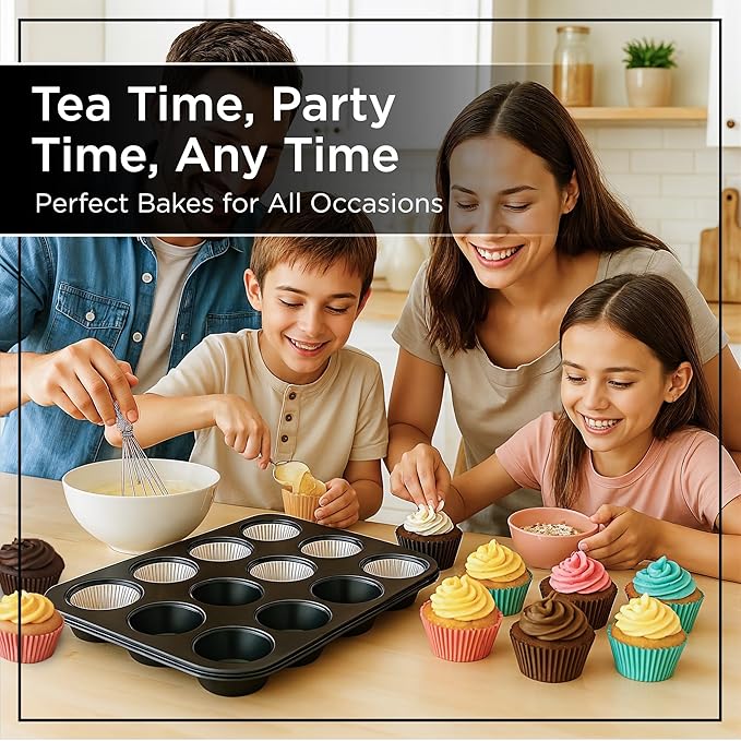 Wrenbury Non Stick Muffin Pan for Baking 12 Cup - Non Toxic Deep Cupcake and Yorkshire Pudding Tin - Even Bakes, Easy Clean, Warp Resistant - 3" Cup
