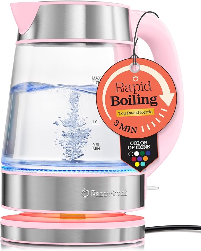 Speed-Boil Electric Kettle - 1.7L Water Boiler 1500W, Coffee & Tea Kettle Borosilicate Glass, Easy Clean Wide Opening, Auto Shut-Off, Cool Touch Handle, LED Light. 360° Rotation, Boil Dry Protection