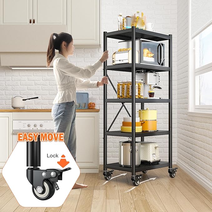 REIBII Storage Shelves for Storage with Wheels 1158LBS Heavy Duty Metal Shelving Unit Rolling Adjustable 5-Tier Pantry Shelves Kitchen Shelves Garage Shelving Utility Rack 2 Pack