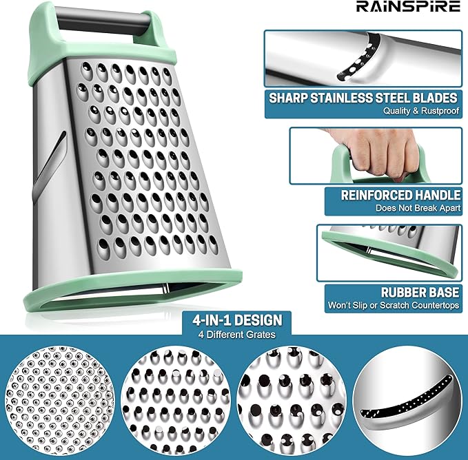 Rainspire Professional Box Grater, Cheese Grater Box for Kitchen Stainless Steel with 4 Sides, Cheese and Spice Graters with Handle for Vegetables, Ginger, Potatoes, Mint
