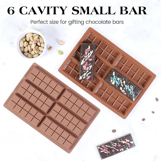 2 Pcs Chocolate Bar Mold Deep Dubai Stuffed Silicone Molds for Filling Knafeh Pistachio Chocolate Bar and Wax Melts Rectangle Thick Candy Bar Molds Break Apart (10 Snap）