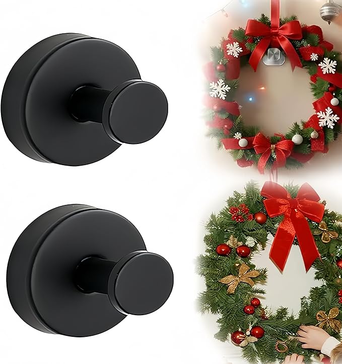 Suction Cup Hooks for Wreaths on Glass, 2026 Upgrade No Drill Towel Hooks Stainless Steel Waterproof Suction Cup Hooks, Wreath Hanger for Front Door for Kitchen, Bedroom (2, Black)