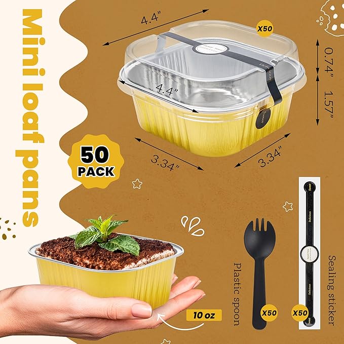 50 Pack Mini Cake Pans with Lids and Spoons Aluminum Foil Pans Square Cake Tins for Bakery Party Wedding (Gold,10 oz)
