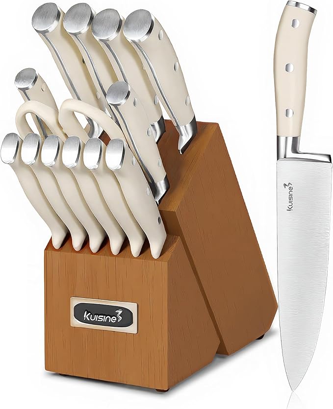 Kuisine Kitchen Chef Knife Set Upgraded,High Carbon Stainless Steel Ultra Sharp Blade Ergonomic Handle,Knife Block Set with Built-in Sharpener,Elegant Gift for Holiday(Acacia Ivory,15PCS)