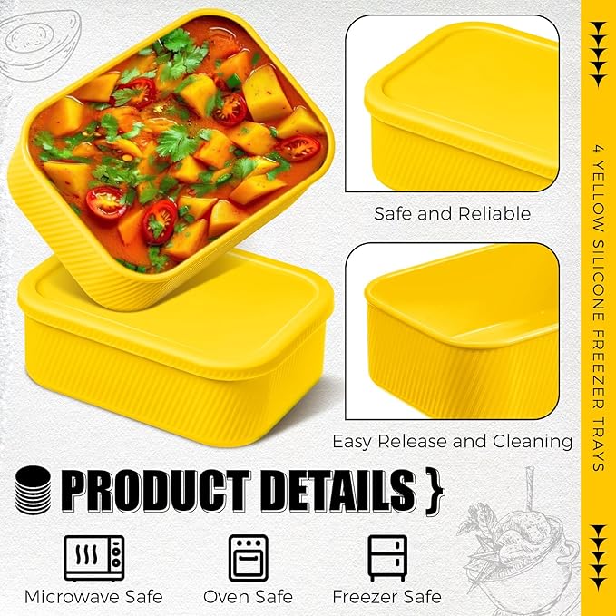 Nuogo 4 Pcs 6 Cup Silicone Freezer Trays with Lid Soup Containers Reusable Freezer Silicone Molds Rectangle Containers Ice Trays for Soups Sauces Stews Curries, Yellow