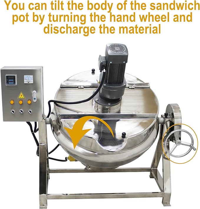TECHTONGDA 54gallon Commercial Electric Cooking Machine Tilting Jacketed Pot Heating Kettle Stainless Steel with Stirrer 220V