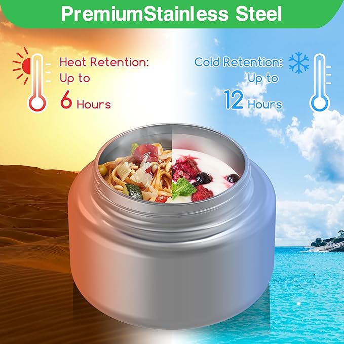 Bento Box for Kids - Leak-Proof Bento Lunch Box with Insulated Thermos Food Jar - 4 Compartments, 1 Removable Divider, 1Spoon, 1 Fork - Dishwasher Safe, BPA-Free (Green)