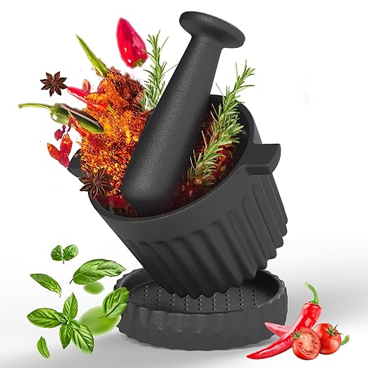 UKEMEN Cast Iron Mortar and Pestle Set, 3-Piece Small Garlic Grater Plate with Brush and Scoop, Heavy Duty Muddler and Bowl Grinder Set Perfect for Guacamole/Spices/Herbs/Solid/Metal/Glass/Rock
