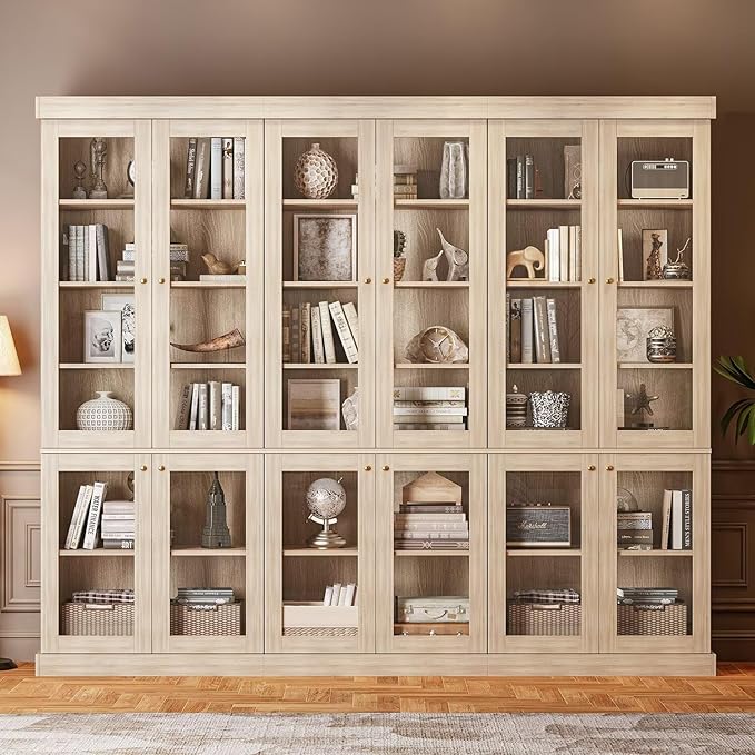 70.8" Tall Brown Bookshelf with Glass Doors, Farmhouse Modular Bookcase with 6-Tier Adjustable Shelves, Large Storage Cabinet for Home Office, Living Room