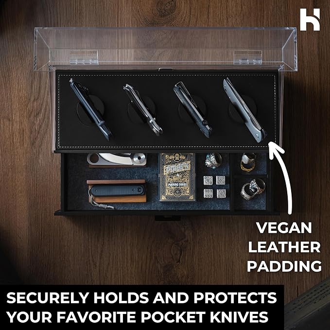 Premium Pocket Knife Display Case for 10 Knives - Wooden Knife Organizer, Storage & Holder with Unique Pillars, Hinged Cover, Drawer - Knife Collection Box - Handcrafted for Men