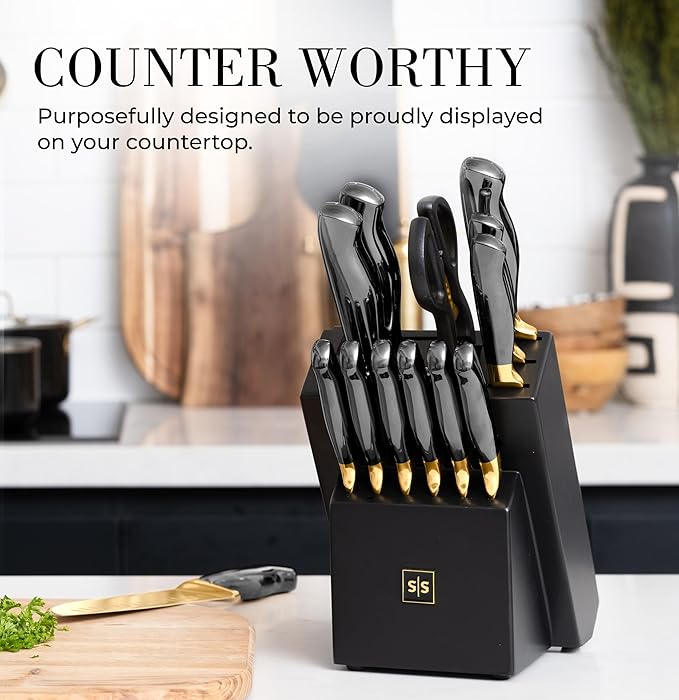 Black and Gold Knife Set with Block and Sharpener – 14-Piece Full Tang Golden Knives with Self-Sharpening Knife Block – Gold Kitchen Accessories for Cooking and Prepping; Ideal for Gifting