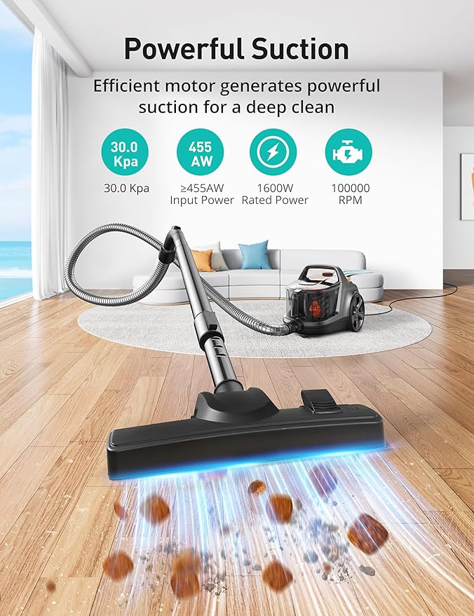 Aspiron Canister Vacuum Cleaner, 30Kpa Bagless Vacuum Cleaners, 3.7QT Large Dust Cup, Double HEPA Filter, Retractable Cord, 1600W Lightweight Vacuum Cleaner with 5 Tools for Hard Floors, Persimmon
