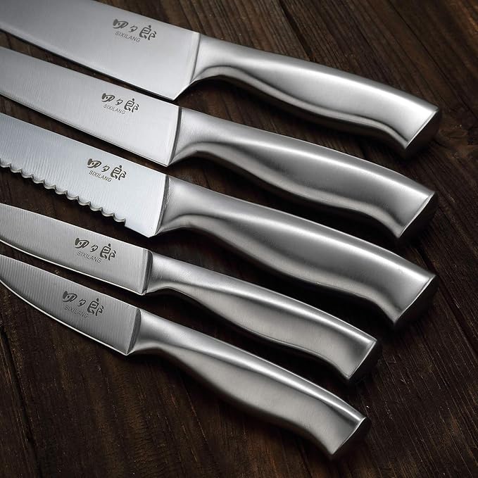 Knife Set, 8 Piece German Stainless Steel Hollow Handle Manual Knife Sharpener Forged Kitchen Knives Set with Oak Wooden Block Gift