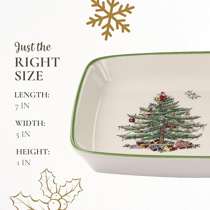 Spode Christmas Tree Rectangular Sentiment Tray (7" x 5") - Festive Earthenware Serving Plate for Holiday Snacks, Side Dishes, Treats, Durable Christmas Tableware - Microwave & Dishwasher Safe