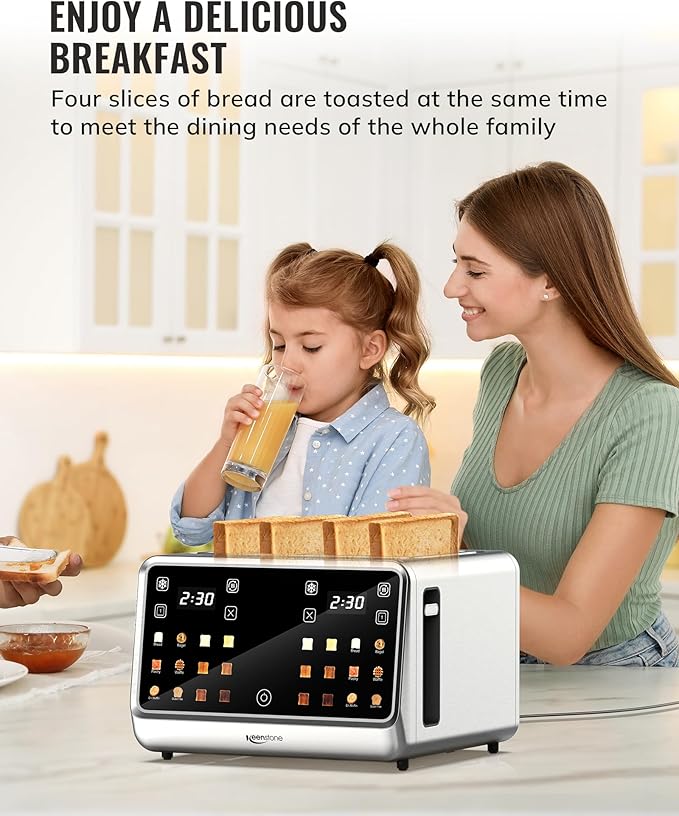 Toaster 4 Slice with TouchScreen, Memory Function & Single-Slot Focus, Keenstone 1800W Smart Digital Toaster for Ultimate Control, Wide Slot to Reheat & Defrost Bagels, Bread, Waffles, Stainless Steel