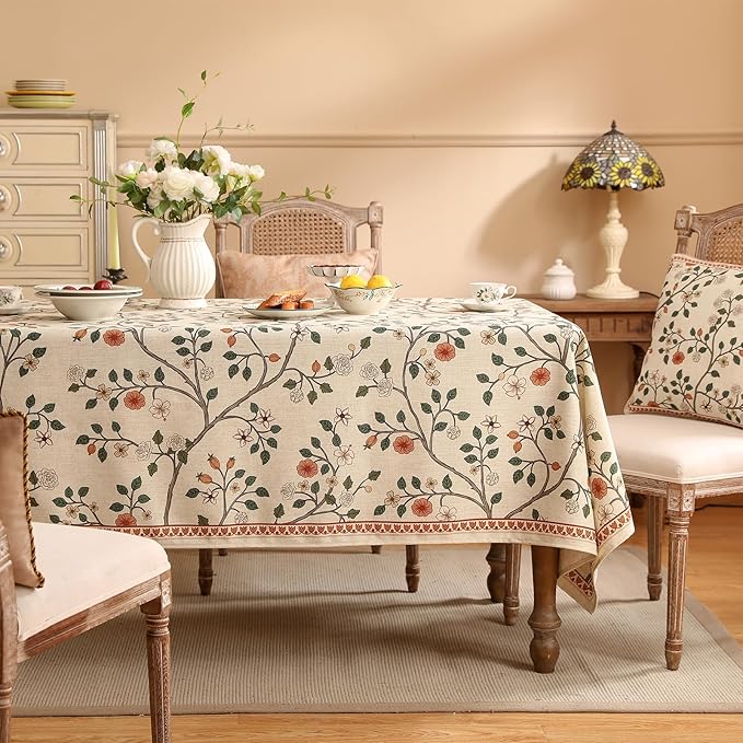 ISAENNE Designer Floral Extra Long Rectangle Tablecloth,French Linen Light Beige Indoor Table Cloth,Fall Wrinkle Resistant Decor Tablecloths for Dining Thanksgiving Kitchen,63"*110"-Flora A
