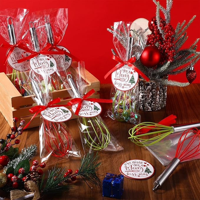 24 Sets 8 Inch Christmas Whisks Gifts DIY Fillable Christmas Tree Ornaments Xmas Colored Silicone Whisks for Cooking Heat Resistant Egg Beaters with Card Rope Bag for Candy Holder