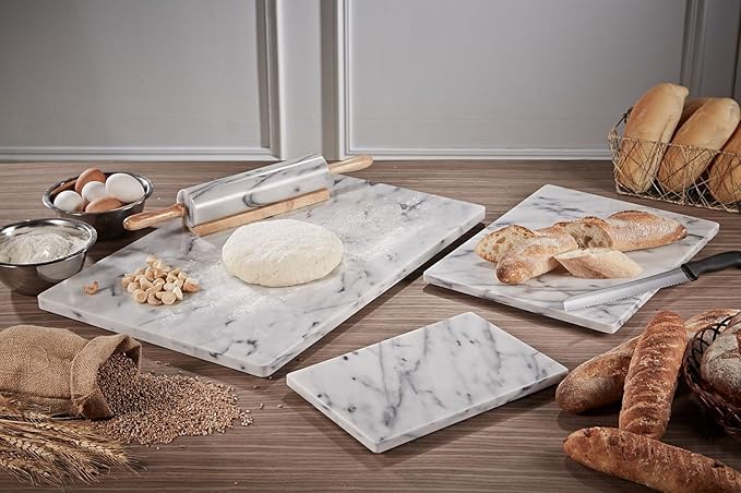 JEmarble Rolling Pin-Wooden Handles(White)(Premium Quality) Polished Surface 18-inch(10"Barrel) Genuine Stone Non-stick Save Effort Easy to Clean