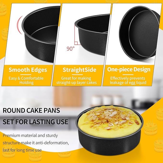 P&P CHEF Non-stick Cake Pan Set of 4, 6 Inch Round Baking Cake Pans Tins for Tier Smash Cakes, Non-Toxic & Solid, Stainless Steel Core & Leak-Proof, 4Pcs