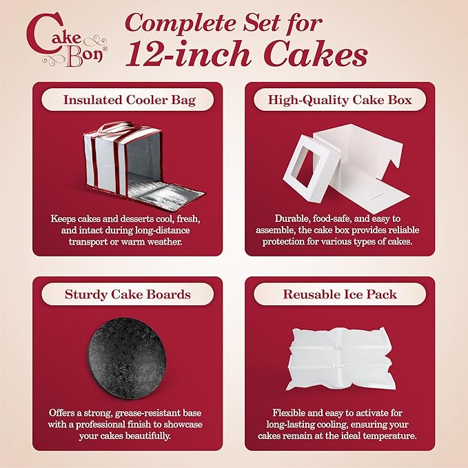 Cakebon Cake Box and Boards, 12-Inch Round Black Wrapped Edges 1/2- Inch Thick Drums with Insulated Bag and Ice Pack – Cake Transport Set, Cooler for Cake Delivery and Transport (1pc Each, 4pcs Total)