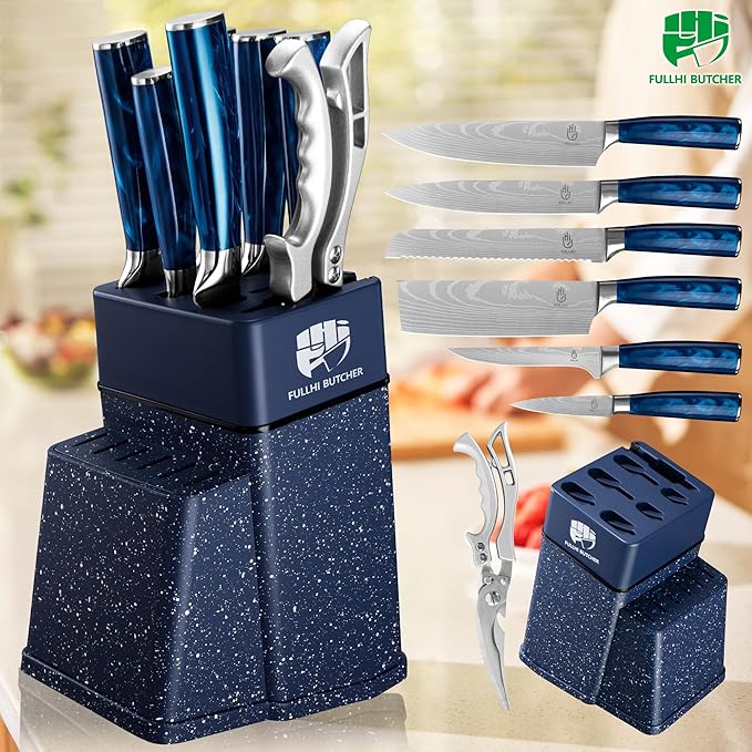 FULLHI 8pcs block Knife Set,chef's Knves Set with Block and Sharpener, Kitchen Knife Set,Multi-colour Handle, Gifts for Men Women