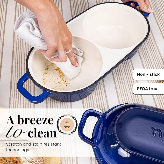 nuovva Dutch Oven For Sourdough Bread Baking – Enamelled Cast Iron Bread Loaf Pot – 500°F Oven Safe Non Stick Bread Pot – Double Round Loaf Space, 16.5cm Diameter, Dark Blue